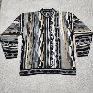 Vintage Men 3D Knit Grandpa Sweater SizeXL  90s Retro Cozy Heritage Black Grey